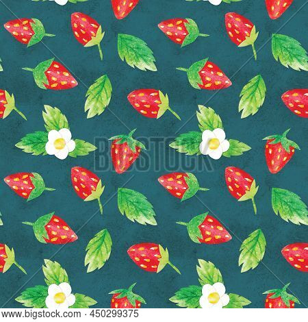 Hand-drawn Watercolor Wild Red Strawberries, Leaves And Flowers Pattern. Cute Kawaii Background, Goo
