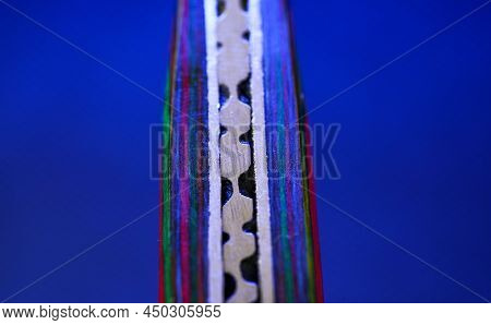 Hand-forged Knife Made Of Several Layers Of Steel With An Exclusive Pattern Photographed In The Stud