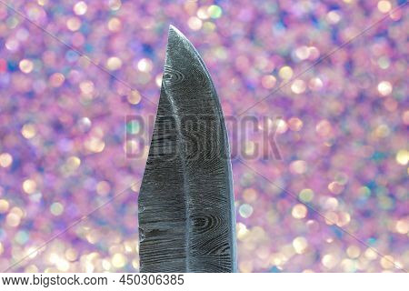 Hand-forged Knife Made Of Several Layers Of Steel With An Exclusive Pattern Photographed In The Stud