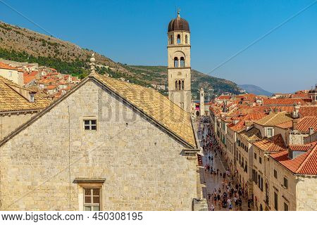 Dubrovnik, Croatia, Europe - August 2021: Dubrovnik Cityscape From Top Old Medieval Walls. Dubrovnik