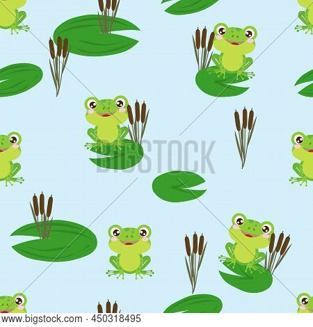 Funny Little Frogs On The Leaves Of Marsh Plants, Reeds, Vector Illustration