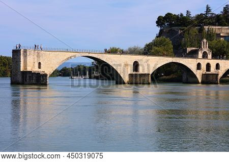 Avignon, France - September 30, 2021: People Visit Avignon Town Pont Saint-benezet (bridge Of Saint 