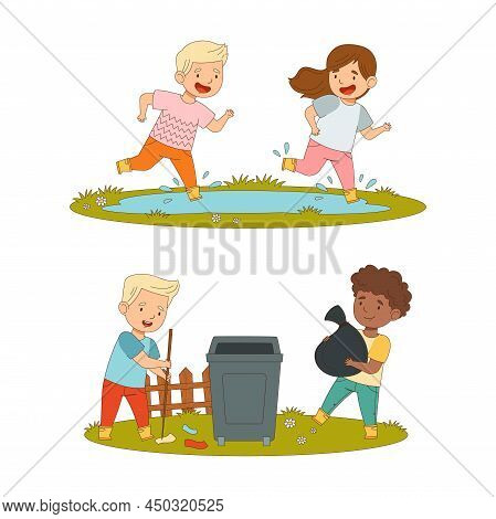 Kids Spring Activities Set. Cute Children In Rubber Boots Jumping In Puddles And Cleaning Up City Pa