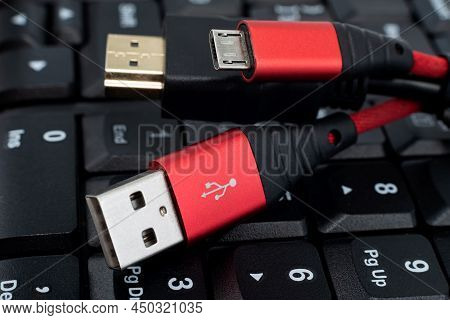 Cable For High-speed Internet Connection. Usb Cable For Charging A Phone Or Tablet Close-up