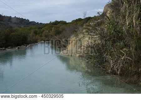 Ancient Hot Thermal Springs And Blue Pool In Nature Park Dei Mulini, Bagno Vignoni, Tuscany, Italy