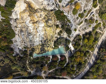 Aerial View On Free Hot Thermal Springs And Pool In Nature Park Dei Mulini, Bagno Vignoni, Tuscany,