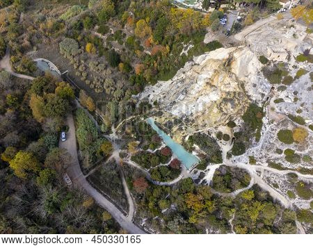 Aerial View On Free Hot Thermal Springs And Pool In Nature Park Dei Mulini, Bagno Vignoni, Tuscany,