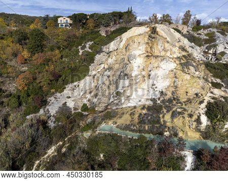 Aerial View On Free Hot Thermal Springs And Pool In Nature Park Dei Mulini, Bagno Vignoni, Tuscany,