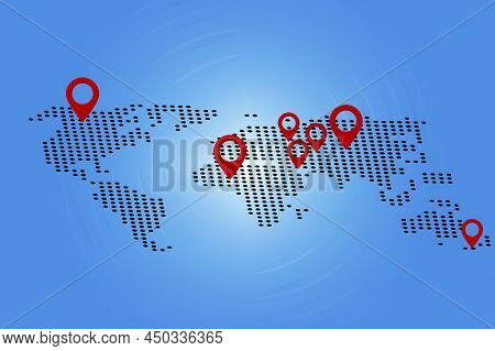 Flat Illustration With Dotted Map With Pins. World Map Icon. Location Pin Sign. Vector Illustration.