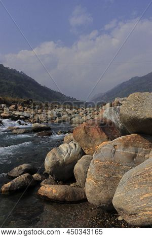 Mountain Stream (balason River) Flowing Down To The Gangetic Plain From Himalayan Foothills In The T