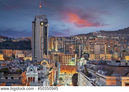 Genoa, Italy cityscape at dusk over Brigata Liguria Street.