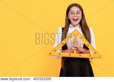 Amazed Teen Girl Hold Triangle. Back To School. Algebra And Geometry. Kid Glasses Study Math