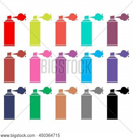 A Set Of Color Spray Paint Cans. Multicolored Icons Of Aerosol Cylinders. Isolated Vector Illustrati