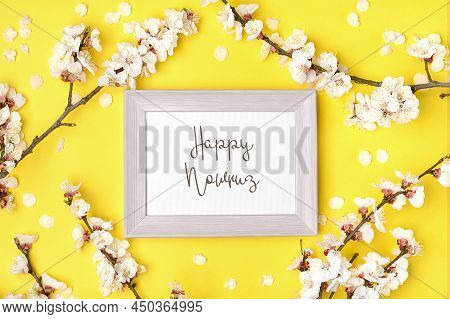 Sprigs Of The Apricot Tree With Flowers On Yellow Background Text Happy Nowruz Holiday Concept Of Sp