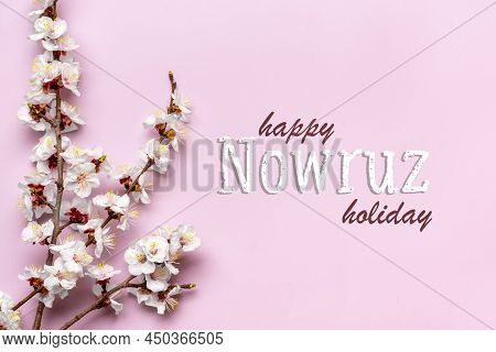 Sprigs Of The Apricot Tree With Flowers On Pink Background Text Happy Nowruz Holiday Concept Of Spri