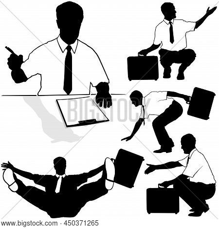 Set Of Silhouettes With Businessman Or Clerk In Different Poses - Black Illustrations Isolated On Wh