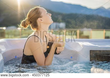 Portrait Of Young Carefree Happy Smiling Woman Relaxing At Hot Tub During Enjoying Happy Traveling M