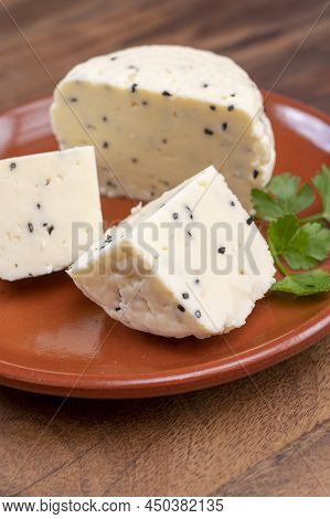 Traditional Polish White Cheese With Black Chives Seeds Made In North Poland In Kaszebe Area Near Gd