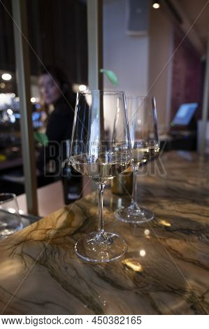 Glass Of Cold Dry Italian Pinot Grigio White Wine Served In Italian Bar Close Uup