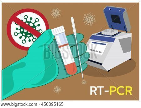 Illustration  Two Devices Rt-pcr With Text And Virus On Brown Background, Mobile Phone Testing Devic