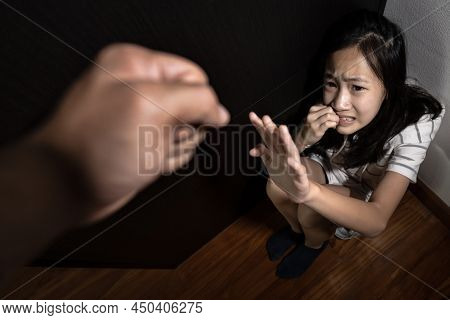 Asian Child Girl Sitting On Floor,showing Hand Signaling To Stop,stop Physical Abuse And Domestic Vi