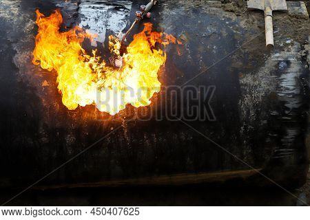 Working With Gas Cutting Requires Special Skill To Cut Pipes With Fire.