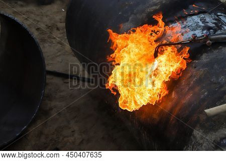 Working With Gas Cutting Requires Special Skill To Cut Pipes With Fire.