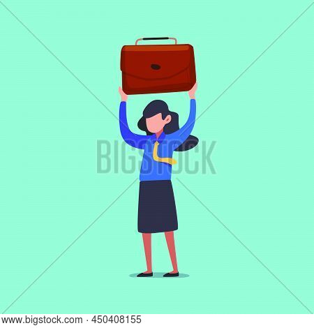 Business Flat Drawing Active Businesswoman Lifting Up Briefcase. Female Manager Raising Up Suitcase.