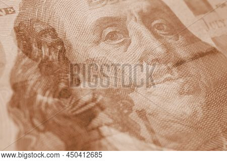 Fragments Of Russian And American Paper Money Close-up. Ruble And Dollar. A Banknote Of 5000 Rubles 
