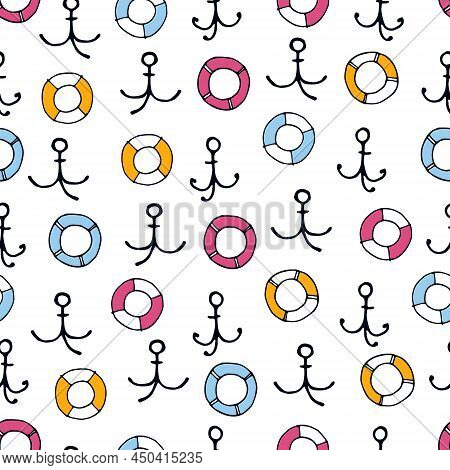 Seamless Pattern With Hand Drawn Anchors, Lifesavers. Boating, Sailing And Fishing Concept