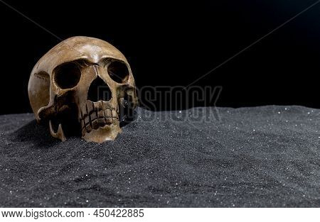 wooden skull buried in black sand. Copy space