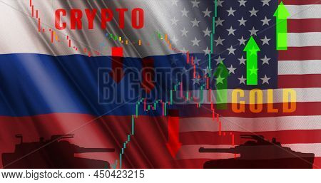 United States And Russia Flags War Crisis And Conflict. International Situation Theme Severely Affec