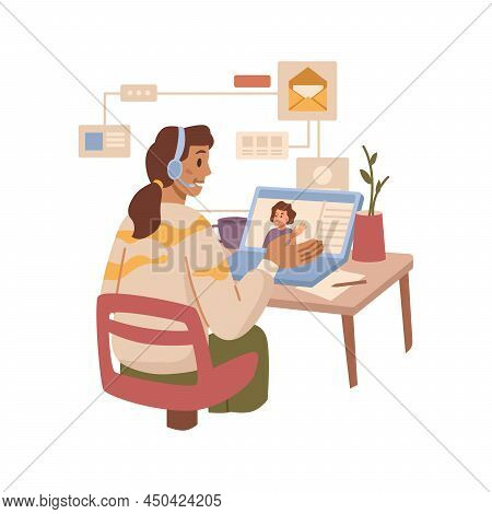 Work Call Woman Using Online Video Chat For Talking To Client. Vector Customer Support And Helpdesk,