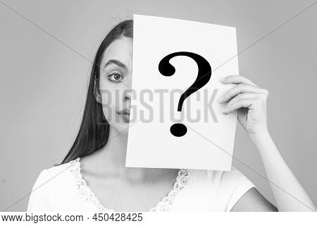 Unknown Woman Holding Question Mark. Girl Holding Paper Question Mark. Anonymous, Woman Question, In