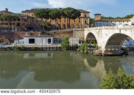 Rome, Italy - June 22, 2017: Amazing View Of Tiber River And Pons Cestius In City Of Rome, Italy