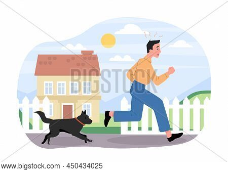 Man Frightened By Dog. Male Character Suffers From Cynophobia And Runs Away Down Street From Puppy. 