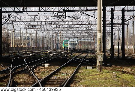 Bucharest, Romania - March 03, 2022: A Passenger Train Arrives At Northern Railway Station.