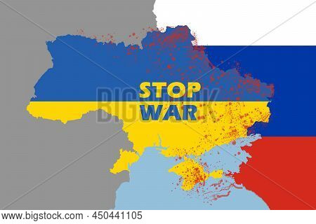 Stop War In Ukraine. Text Stop War With Ukraine Country Colored In Blue Yellow Flag. International P