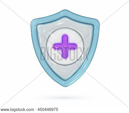 3d Glossy Shield In Realistic Style. Screen With Purpe Cross Symbol. Security, Guaranteed, Medical P