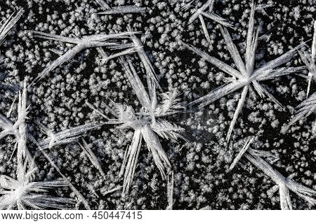 Ice crystals forming on surface of frozen pond