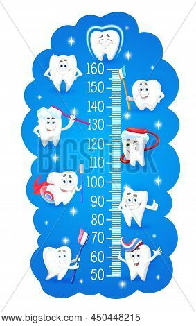 Cartoon Teeth Characters With Toothbrushes, Vector Kids Height Chart Or Growth Meter Ruler. Children