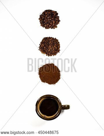 Steps Of Ground Coffee To Brewed Coffee On White Background