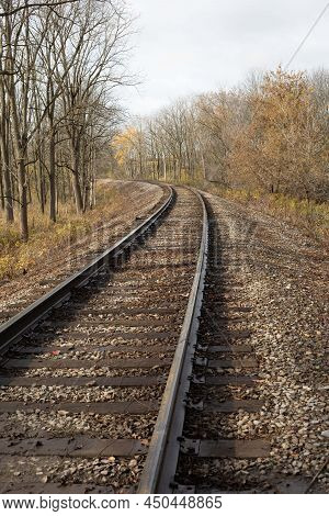 low angle photo of single train track through the forest.