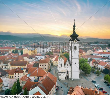 Pisek, Czechia. Aerial View Of Church Of The Nativity Of The Virgin Mary On Sunrise