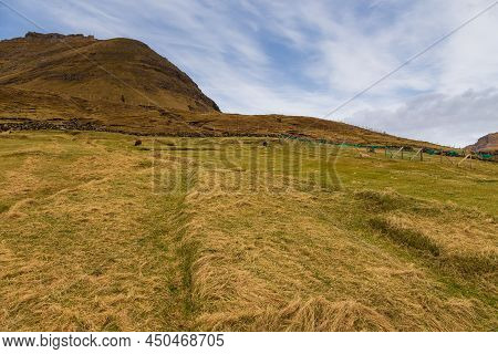Mountain Landscape On The Island Of Bordoy. Cloudy Spring Day. Muli, Faroe Islands.