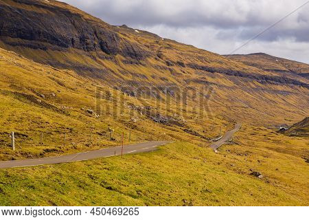 Mountain Landscape On The Island Of Bordoy. Cloudy Spring Day. Muli, Faroe Islands.
