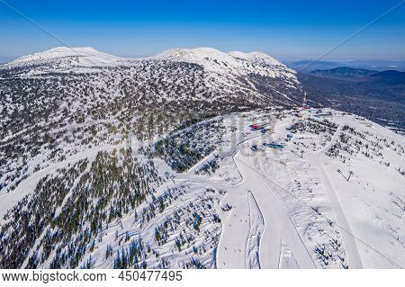 Aerial Top View Landscape Sheregesh Ski Lift Resort Winter, Mountain And Hotels, Russia Kemerovo Reg