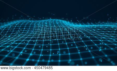 Digital Technology Wave. Dark Cyberspace With Blue Motion Dots And Lines. Futuristic Digital Backgro