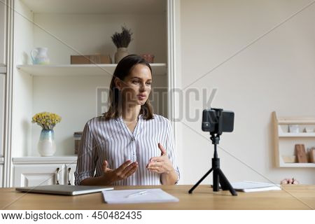 Woman Record New Videovlog Speaking On Cellphone Camera