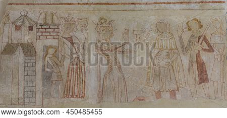 Queen Greets Her Guests With A Cup, Fresco On The South Wall In Orslev Church, Denmark, August 9, 20